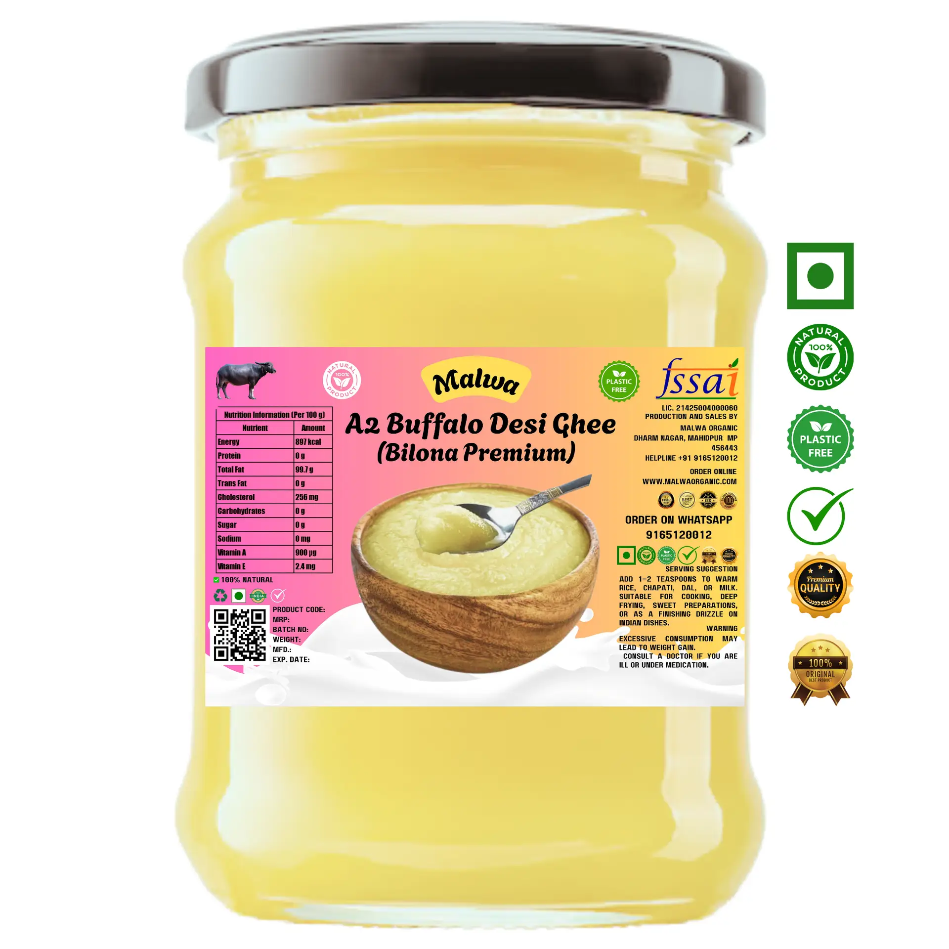 Malwa Organic A2 Buffalo Desi Ghee (Bilona Premium)