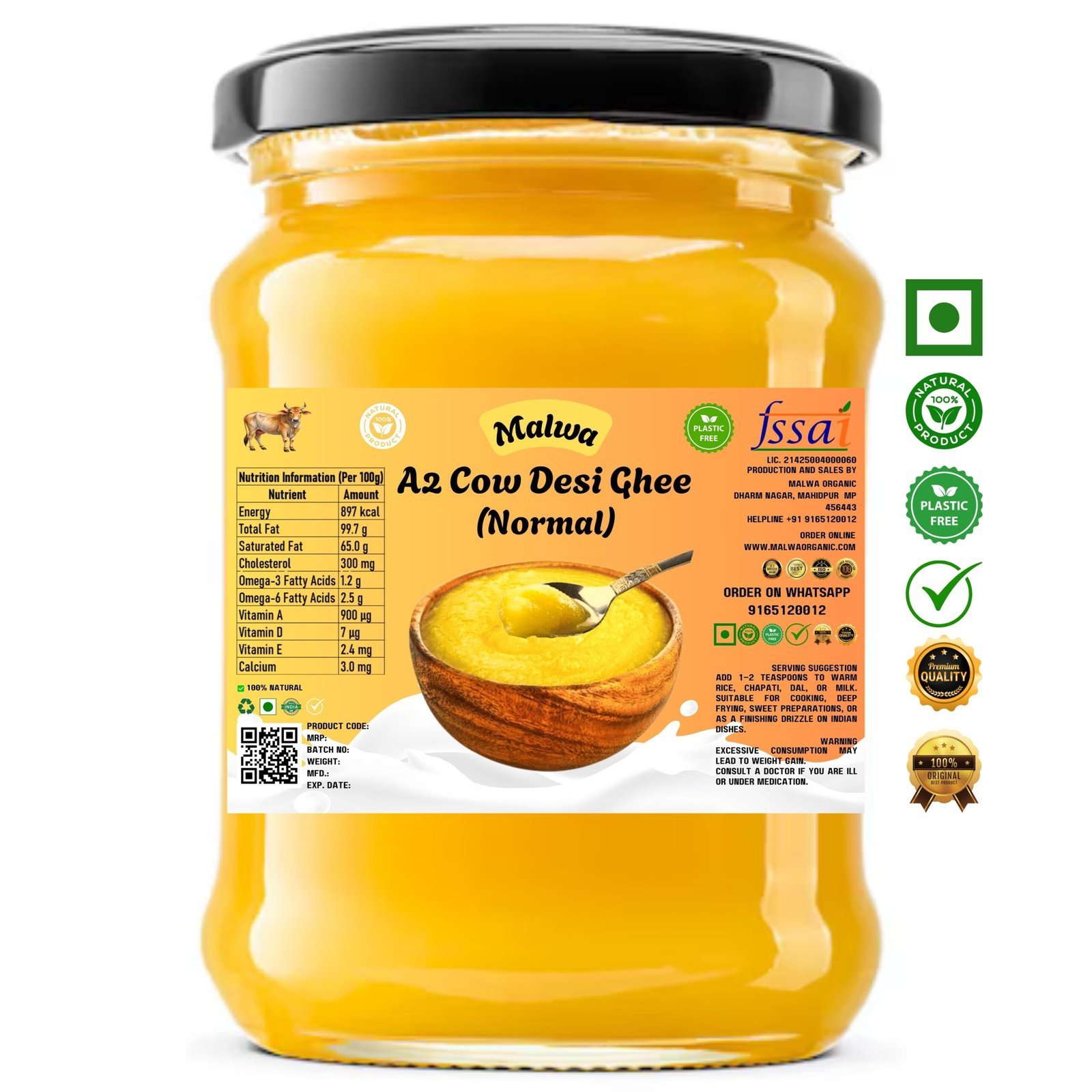 Malwa Organic A2 Cow Desi Ghee (Normal)