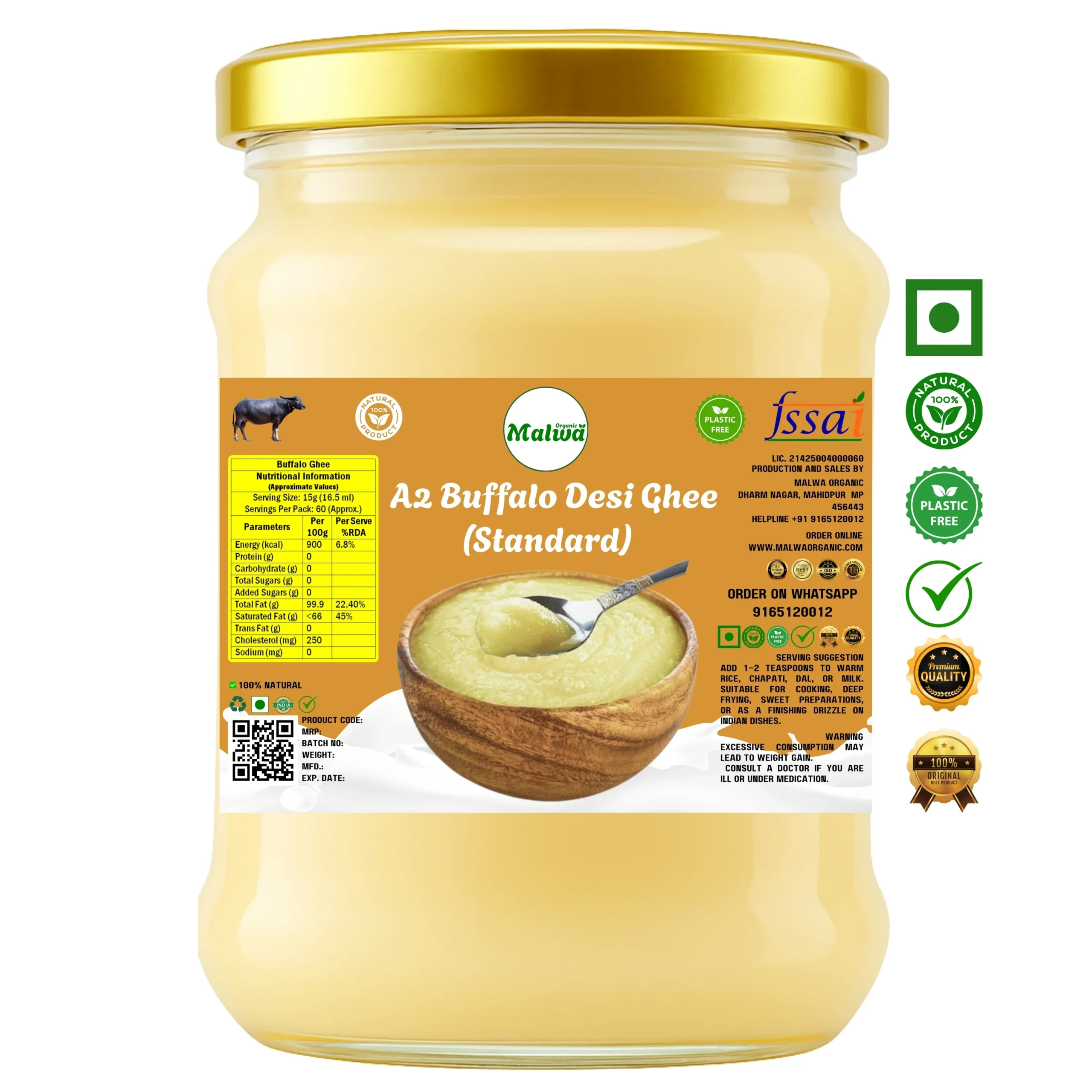 Malwa Organic A2 Buffalo Desi Ghee (Standard)