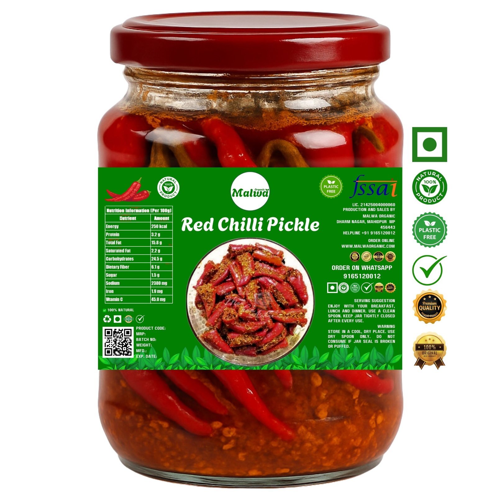 Malwa Organic Premium Desi Lal Mirch Achar (Red Chilli Pickle)